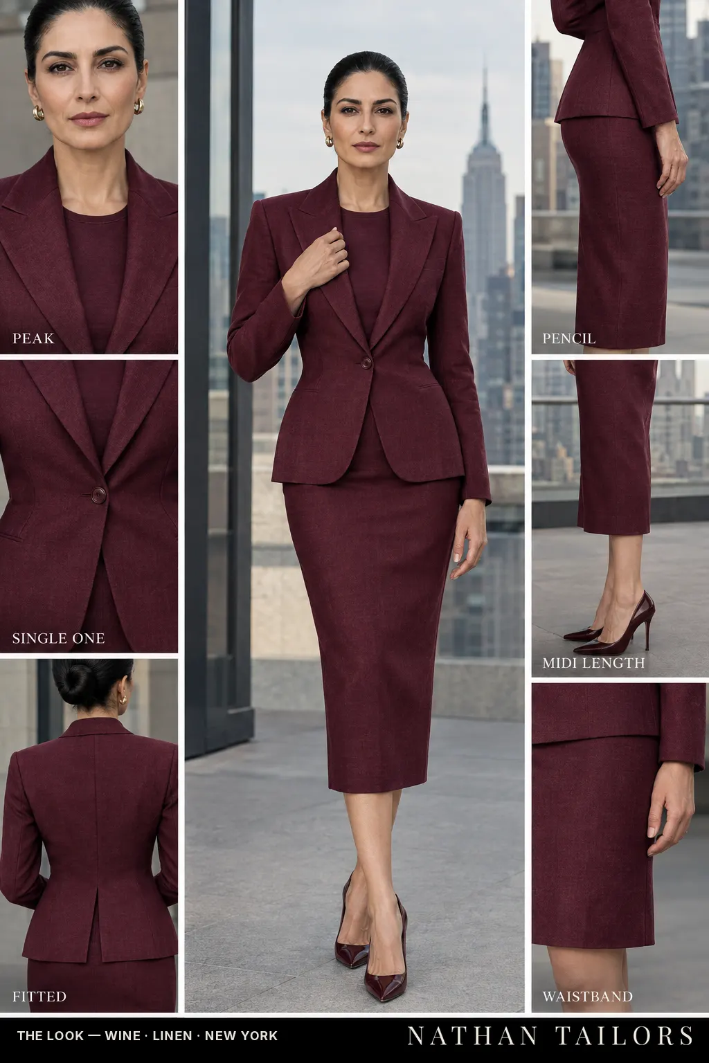 Women's suit in wine — custom tailored by Nathan Tailors, shipped worldwide