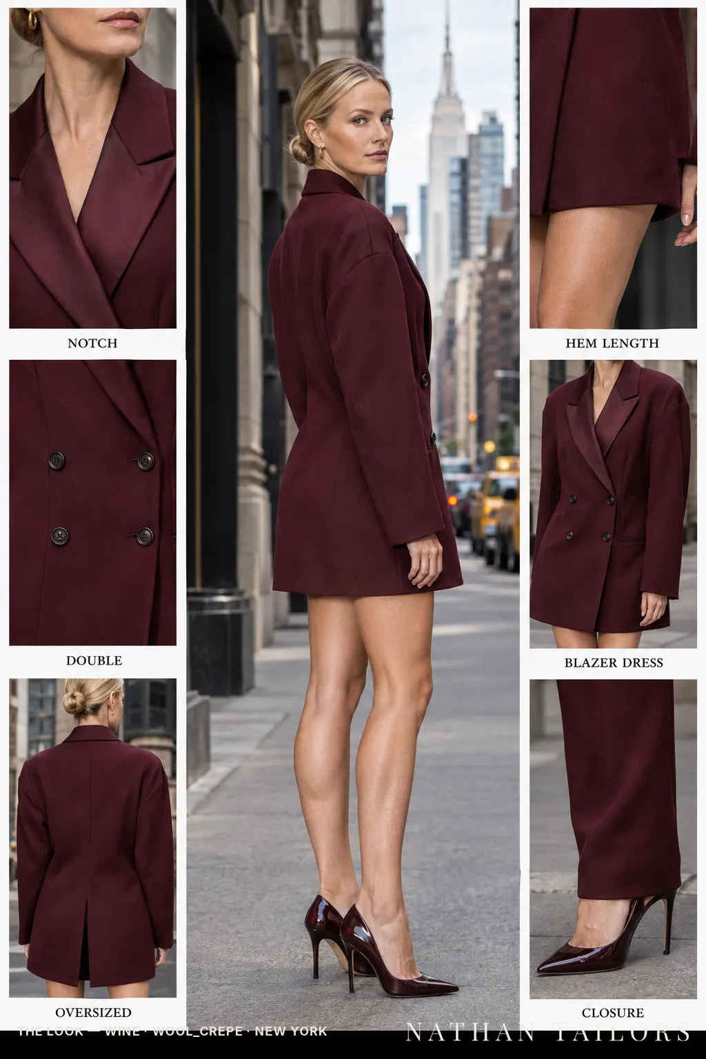 oversized women's blazer dress in wine — AI-rendered by Nathan Tailors, made to measure for women and shipped worldwide.
