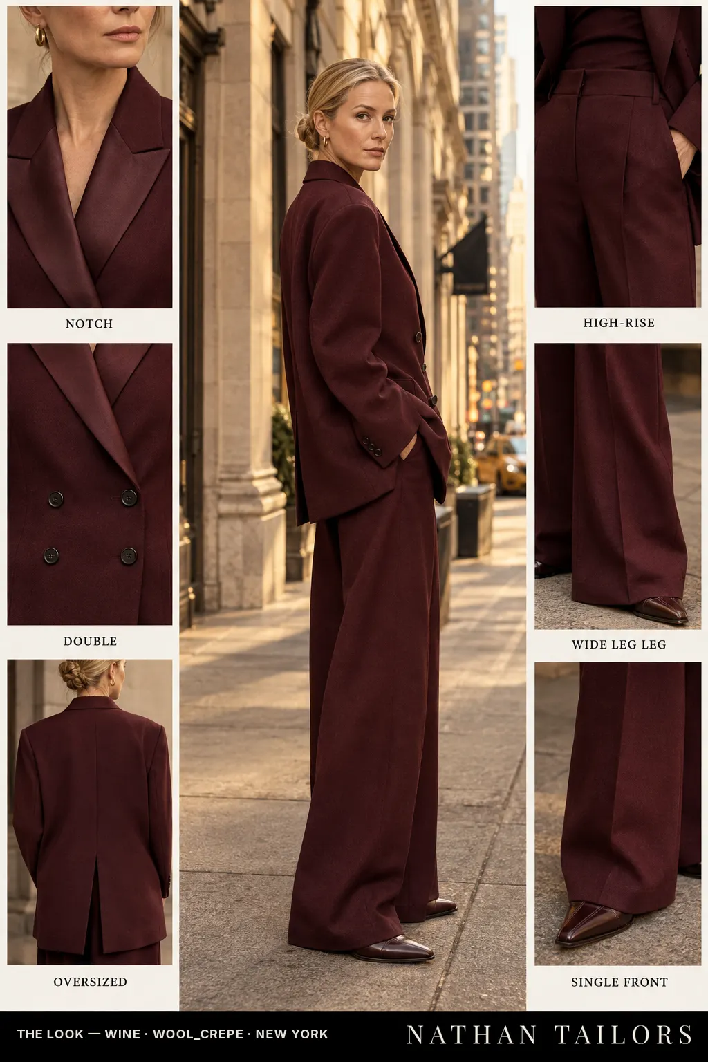 Women's suit in wine — custom tailored by Nathan Tailors, shipped worldwide