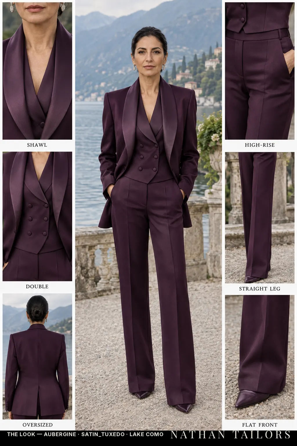 oversized women's pant suit in aubergine — AI-rendered by Nathan Tailors, made to measure for women and shipped worldwide.
