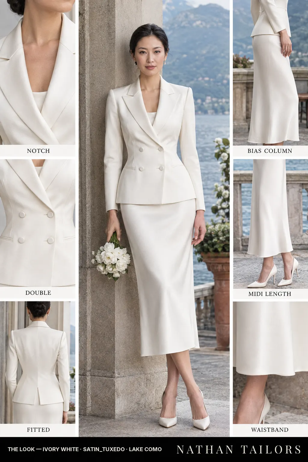 Women's suit in ivory white — custom tailored by Nathan Tailors, shipped worldwide
