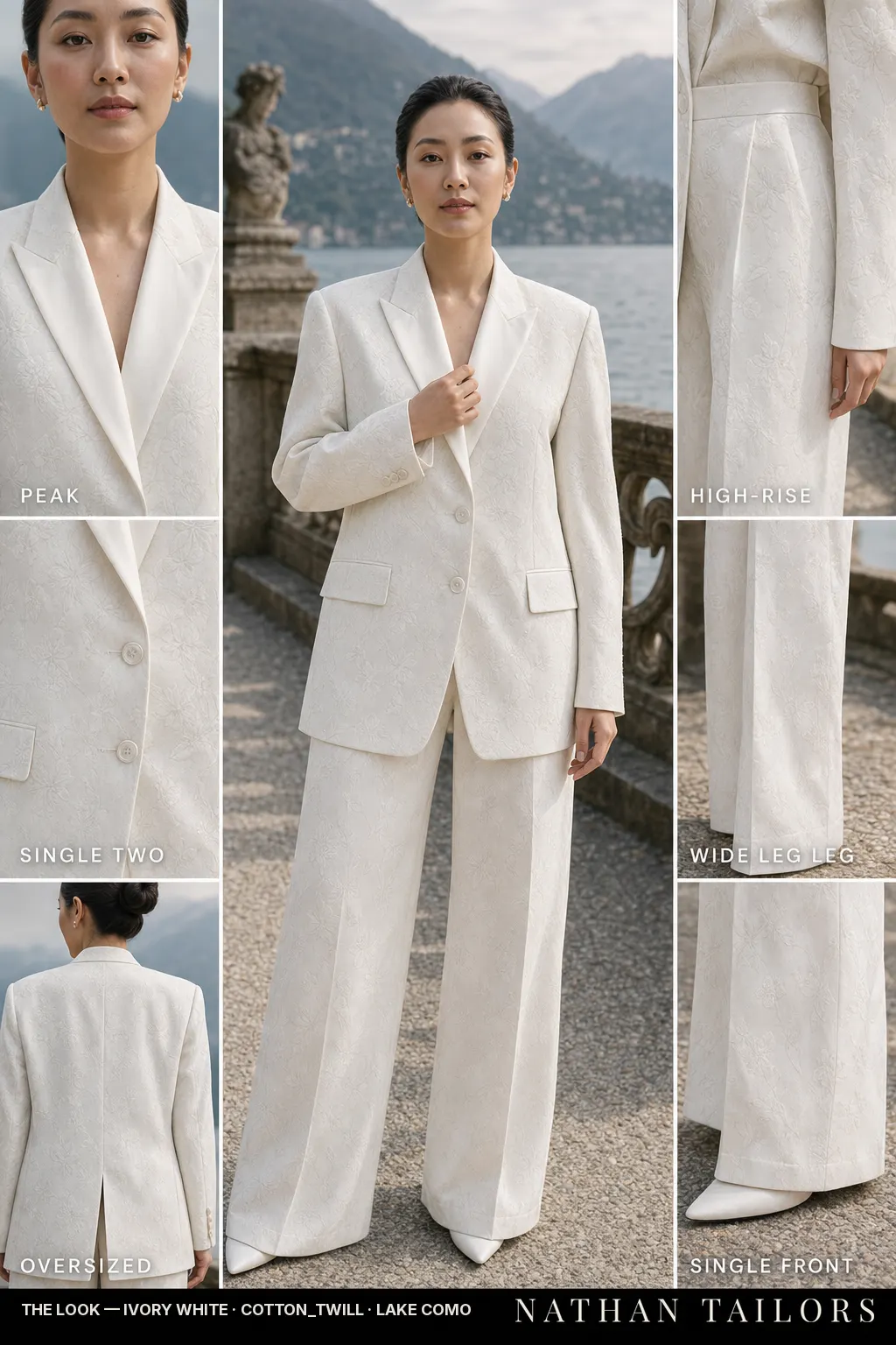 oversized floral jacquard women's pant suit in ivory white — AI-rendered by Nathan Tailors, made to measure for women and shipped worldwide.