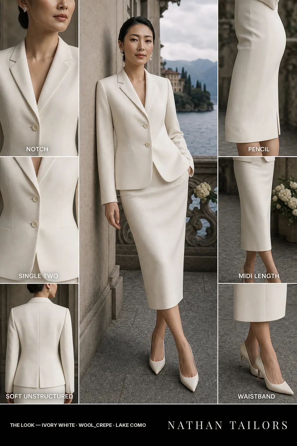 soft unstructured women's skirt suit in ivory white — AI-rendered by Nathan Tailors, made to measure for women and shipped worldwide.