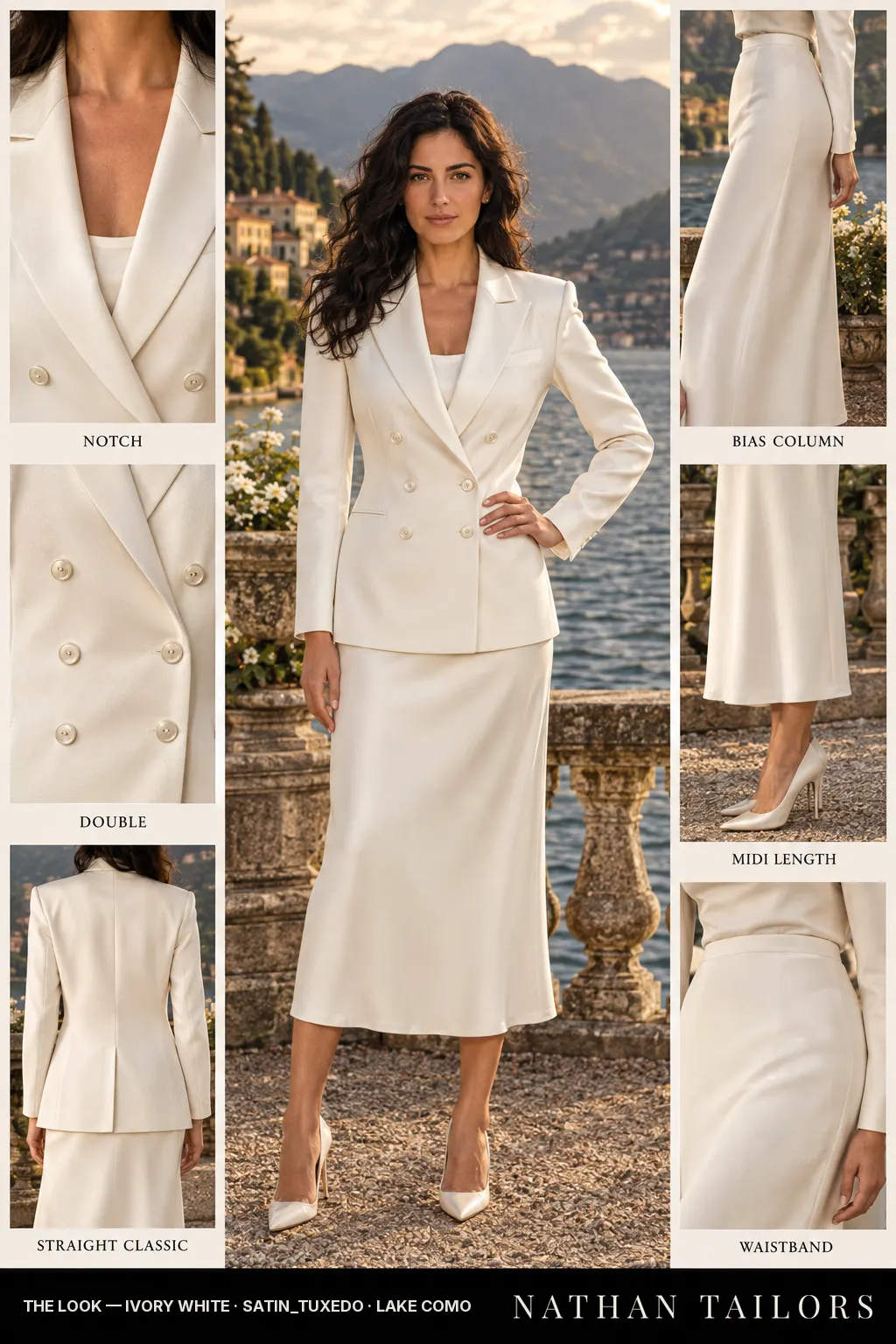 Women's suit in ivory white — custom tailored by Nathan Tailors, shipped worldwide