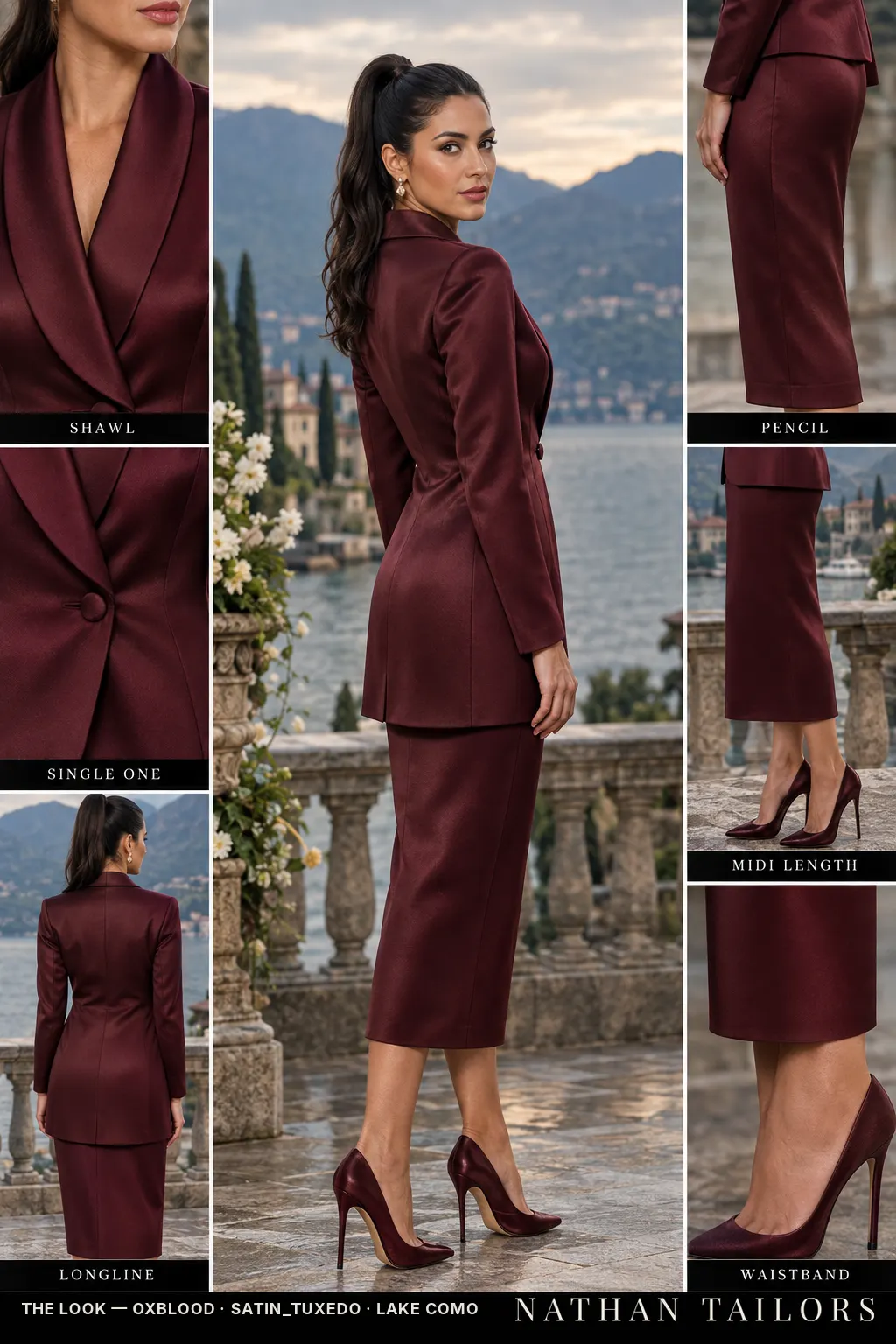 longline women's skirt suit in oxblood — AI-rendered by Nathan Tailors, made to measure for women and shipped worldwide.