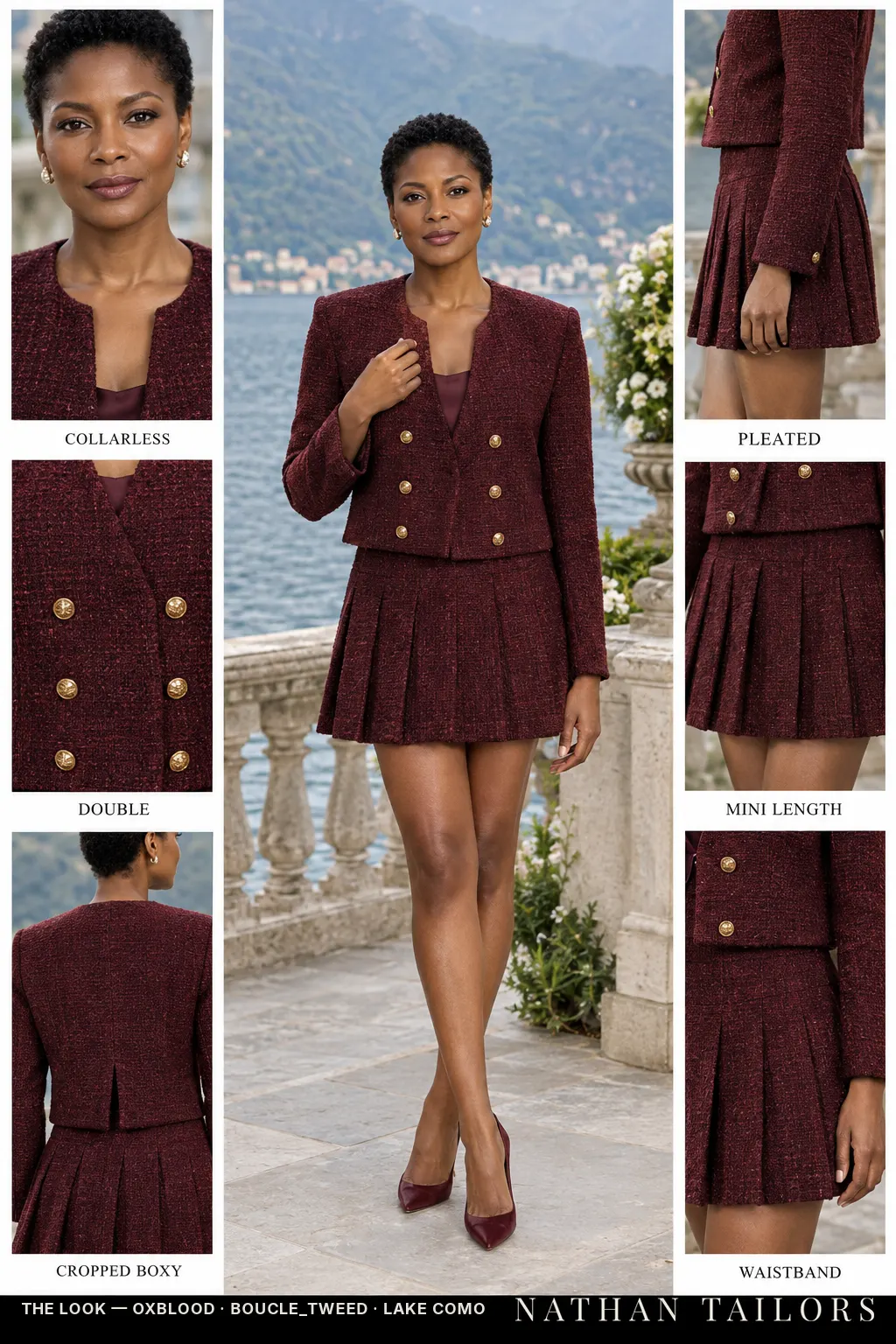cropped boxy tweed texture women's skirt suit in oxblood — AI-rendered by Nathan Tailors, made to measure for women and shipped worldwide.