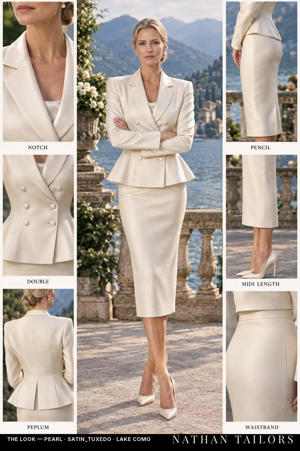 Women's suit in pearl — custom tailored by Nathan Tailors, shipped worldwide