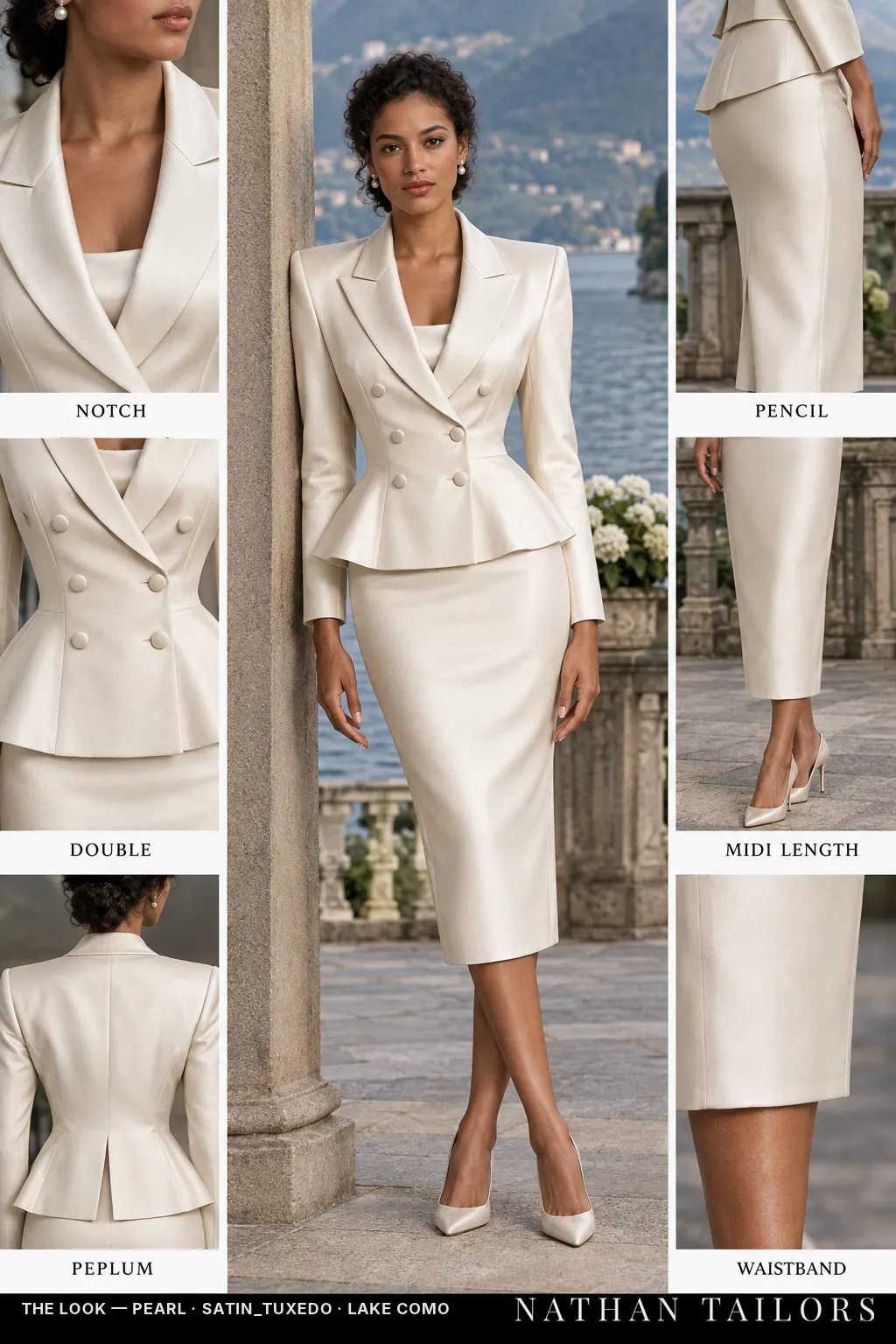 peplum women's skirt suit in pearl — AI-rendered by Nathan Tailors, made to measure for women and shipped worldwide.