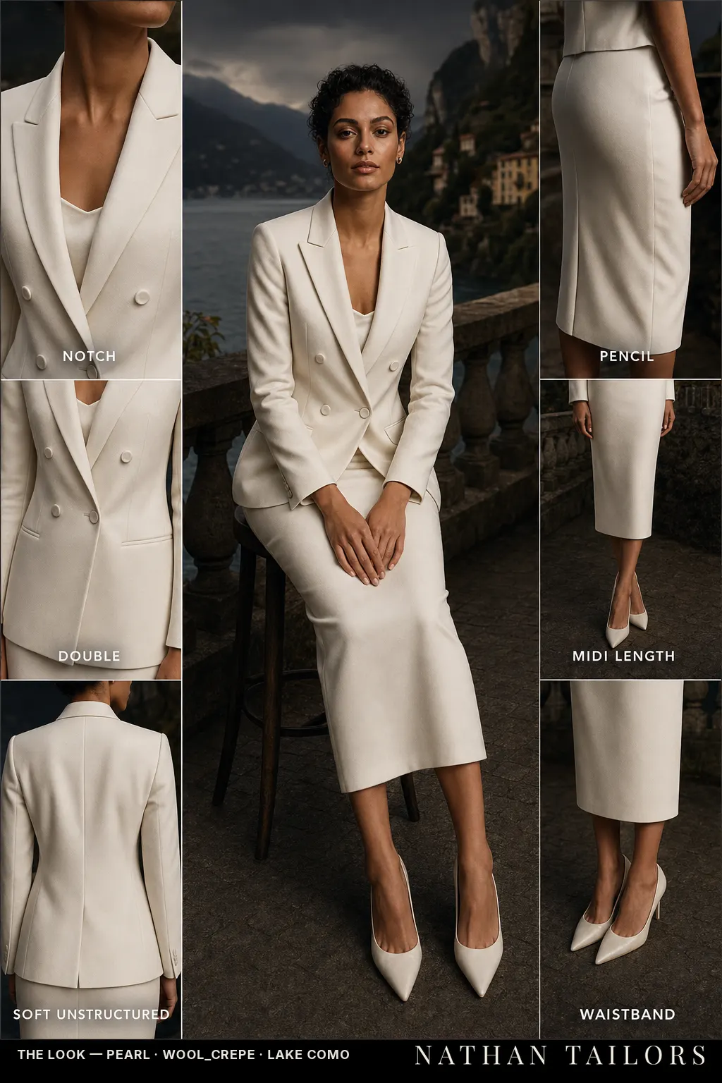 Women's suit in pearl — custom tailored by Nathan Tailors, shipped worldwide