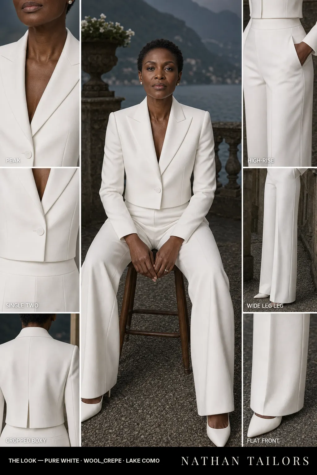 Women's suit in pure white — custom tailored by Nathan Tailors, shipped worldwide