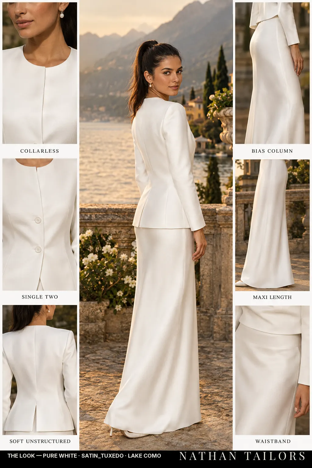 soft unstructured women's skirt suit in pure white — AI-rendered by Nathan Tailors, made to measure for women and shipped worldwide.