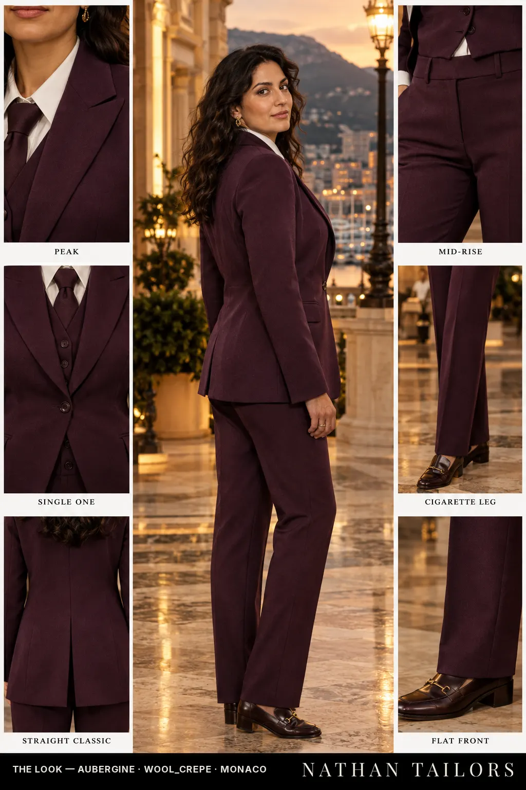 Women's suit in aubergine — custom tailored by Nathan Tailors, shipped worldwide
