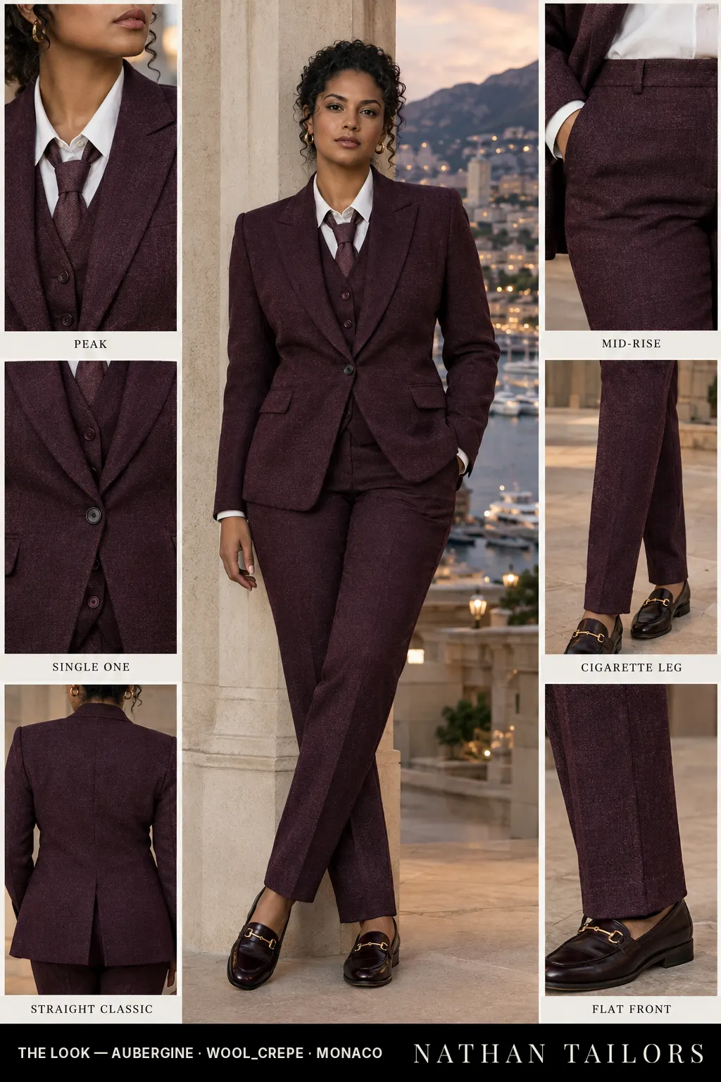 Women's suit in aubergine tweed_texture — custom tailored by Nathan Tailors, shipped worldwide