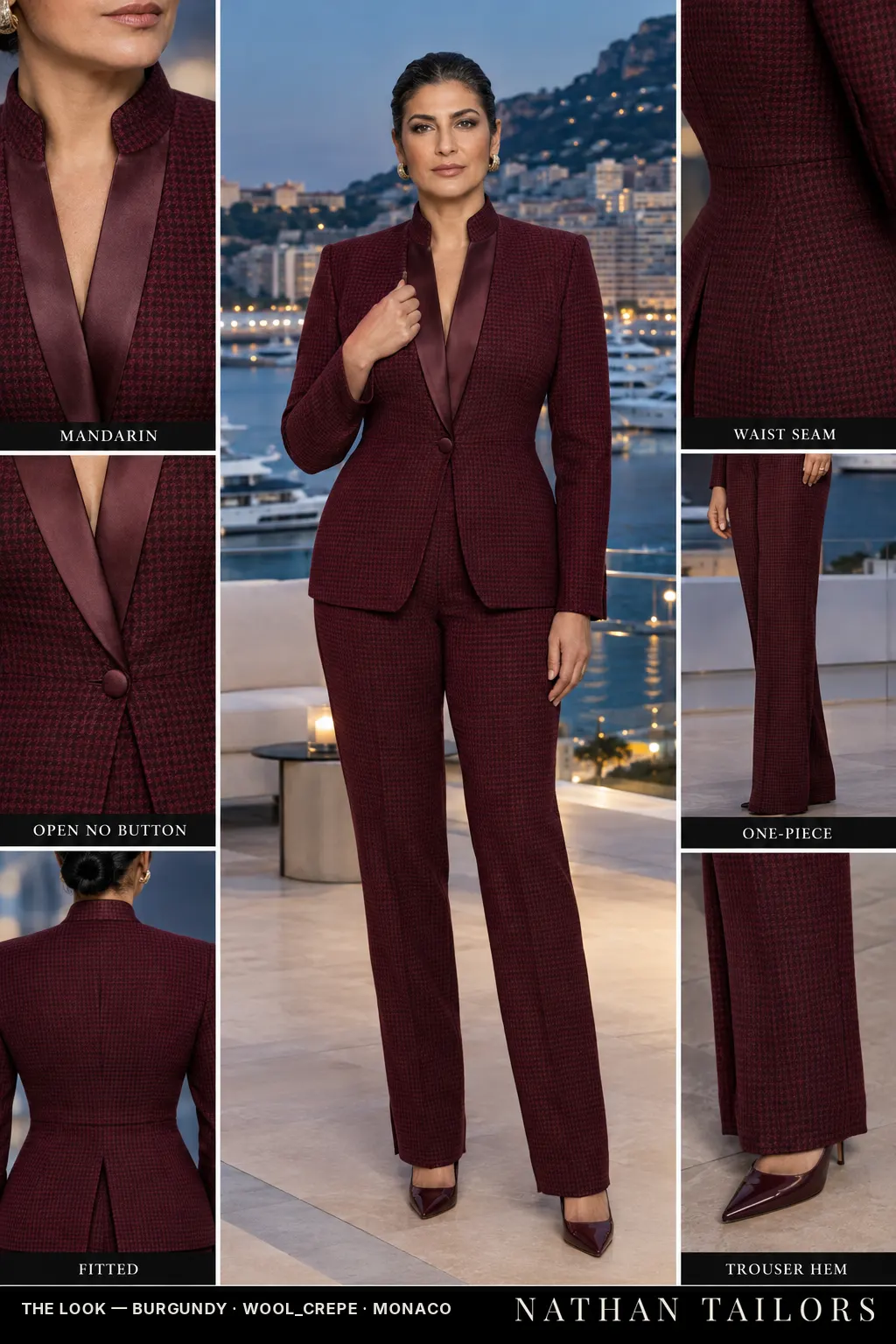 Women's suit in burgundy houndstooth — custom tailored by Nathan Tailors, shipped worldwide