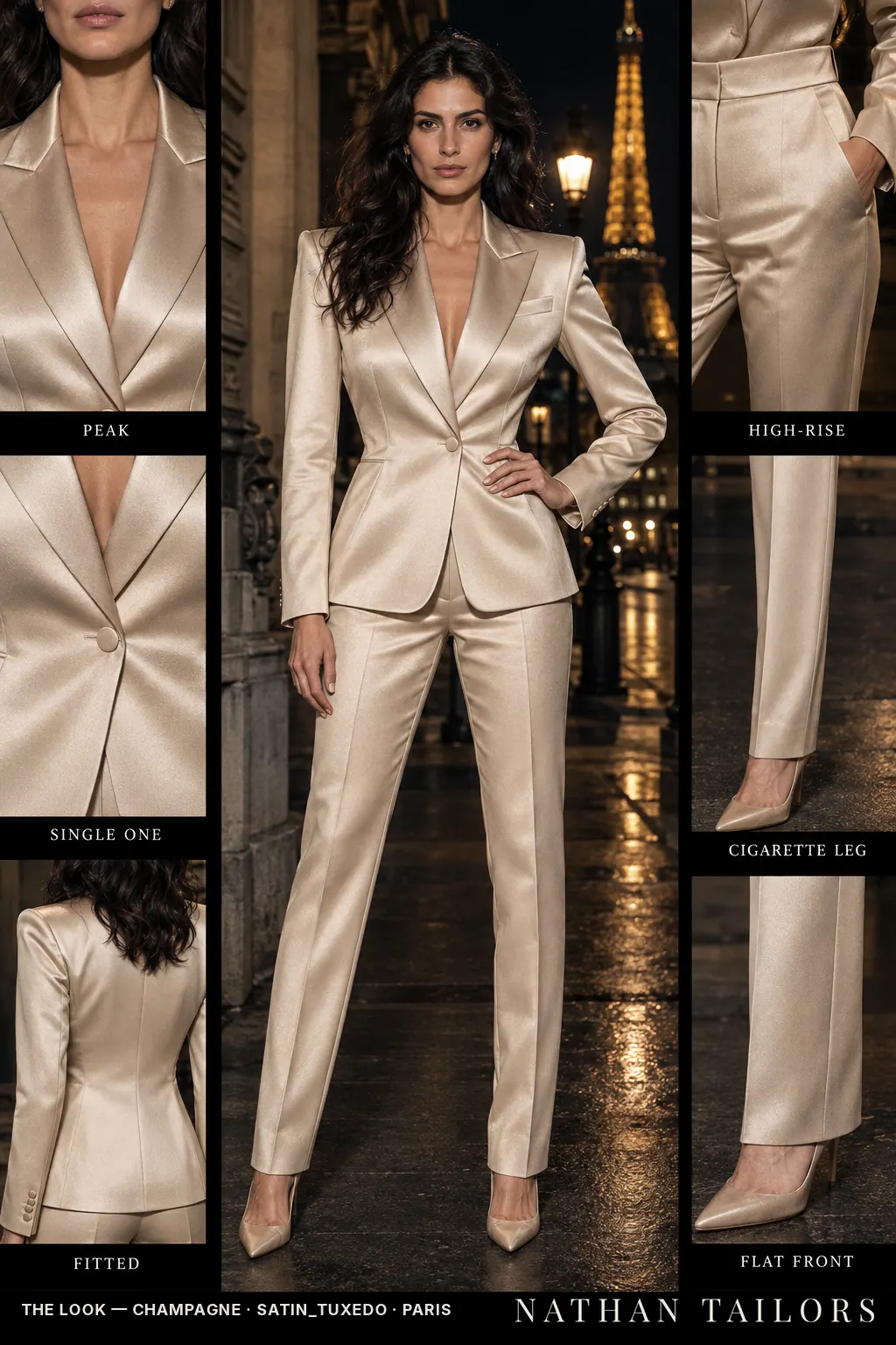 fitted women's pant suit in champagne — AI-rendered by Nathan Tailors, made to measure for women and shipped worldwide.