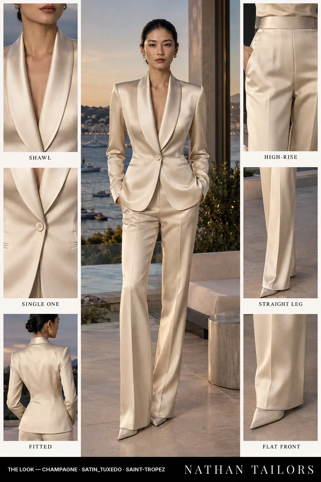 Women's suit in champagne — custom tailored by Nathan Tailors, shipped worldwide