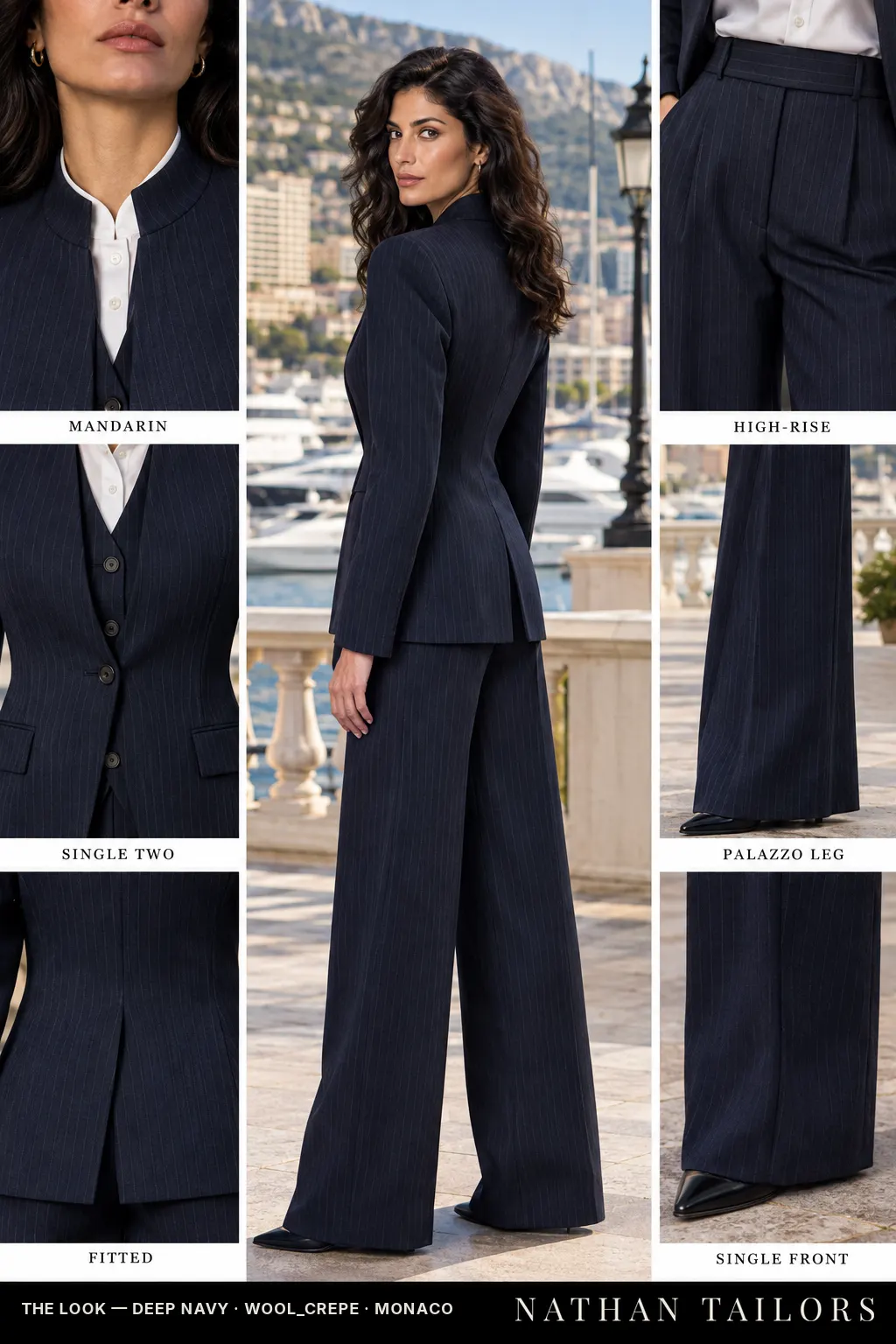 fitted pinstripe women's pant suit in deep navy — AI-rendered by Nathan Tailors, made to measure for women and shipped worldwide.