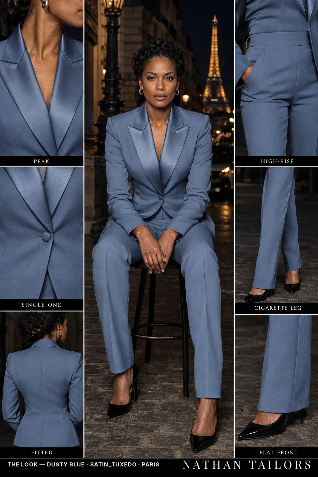 fitted women's pant suit in dusty blue — AI-rendered by Nathan Tailors, made to measure for women and shipped worldwide.