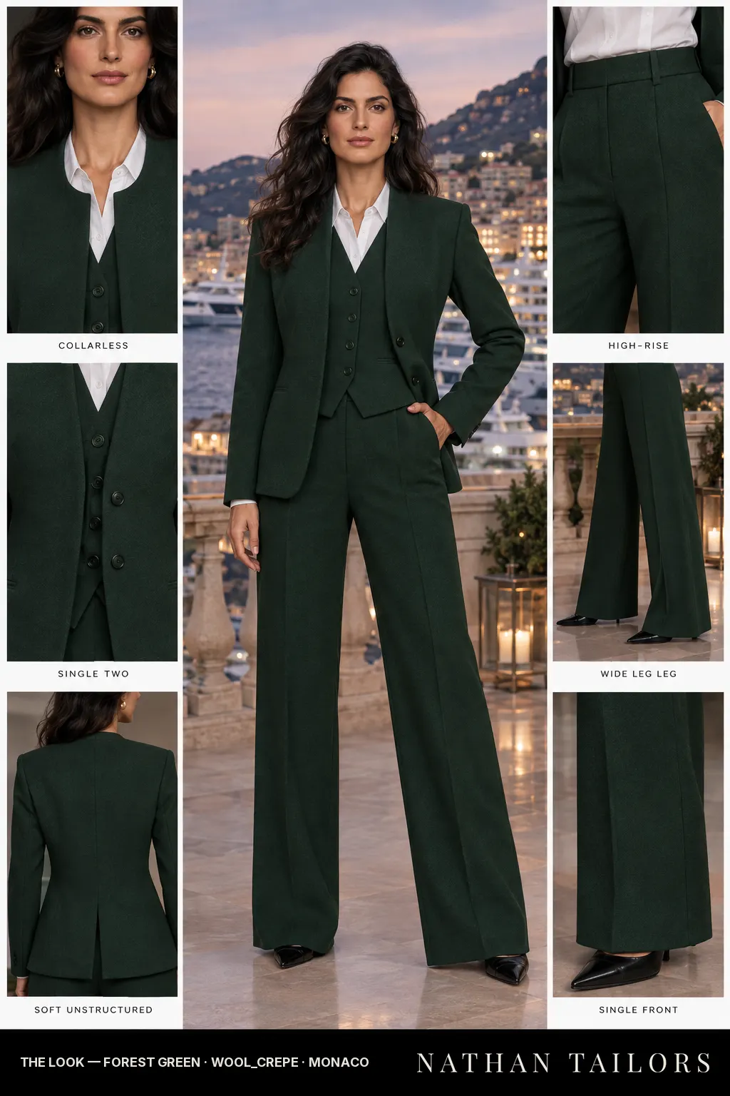 Women's suit in forest green — custom tailored by Nathan Tailors, shipped worldwide