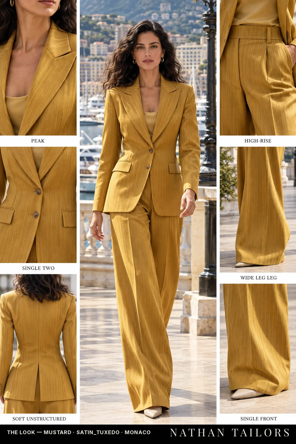Women's suit in mustard pinstripe — custom tailored by Nathan Tailors, shipped worldwide