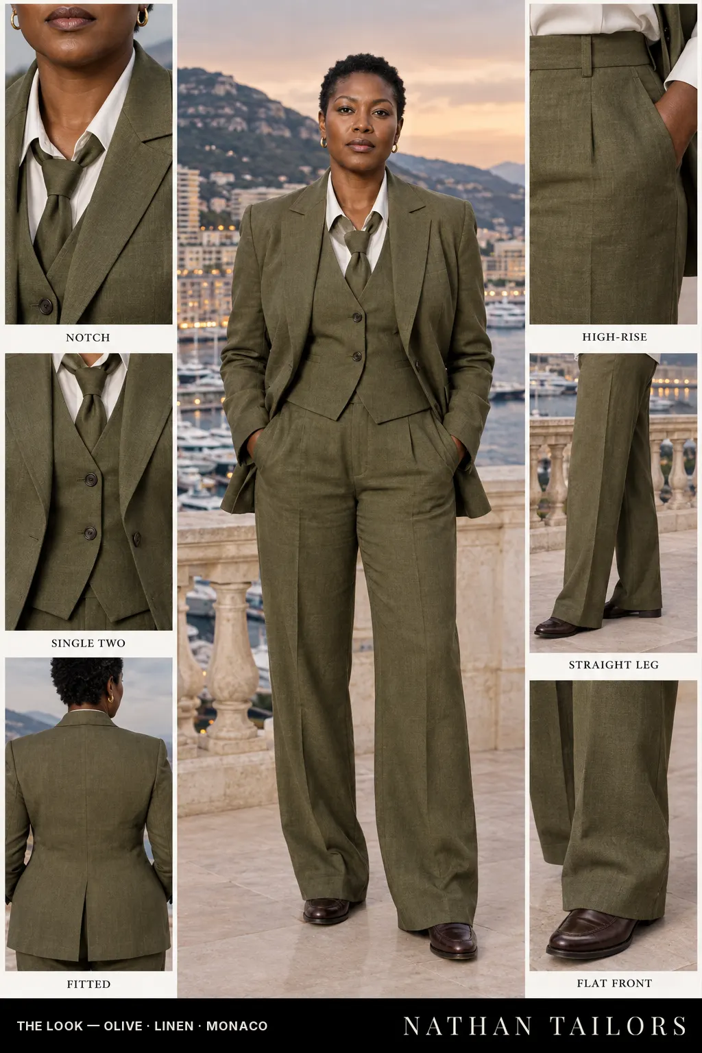 Women's suit in olive — custom tailored by Nathan Tailors, shipped worldwide