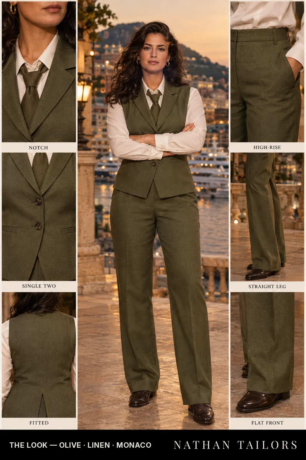 fitted women's pant suit in olive — AI-rendered by Nathan Tailors, made to measure for women and shipped worldwide.
