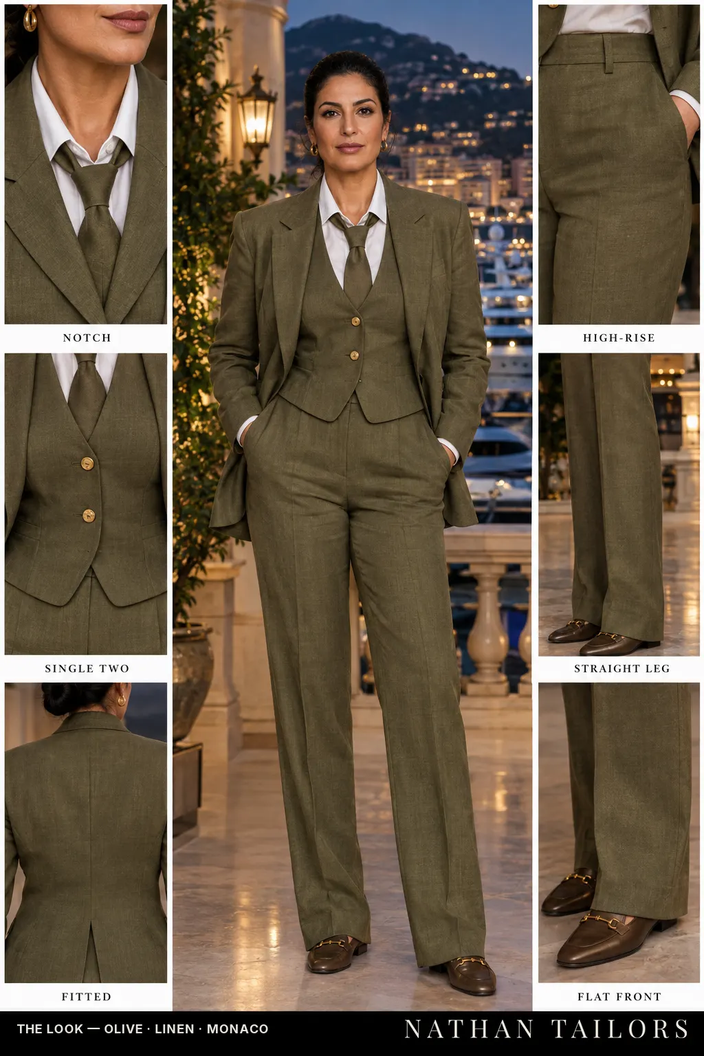 Women's suit in olive — custom tailored by Nathan Tailors, shipped worldwide
