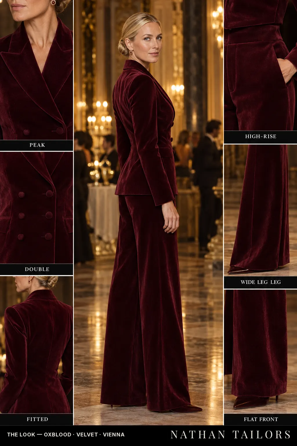 fitted women's pant suit in oxblood — AI-rendered by Nathan Tailors, made to measure for women and shipped worldwide.