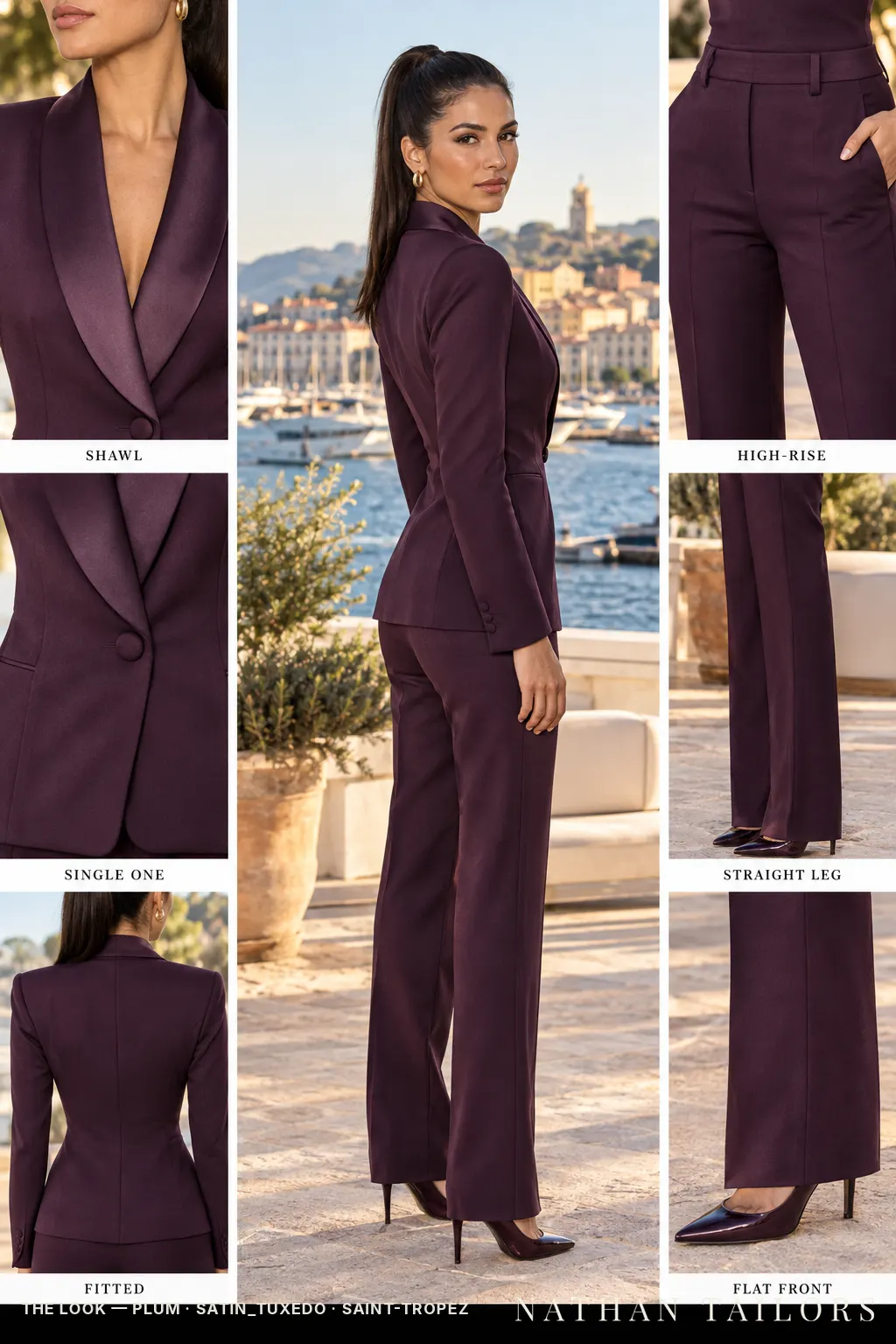 fitted women's pant suit in plum — AI-rendered by Nathan Tailors, made to measure for women and shipped worldwide.