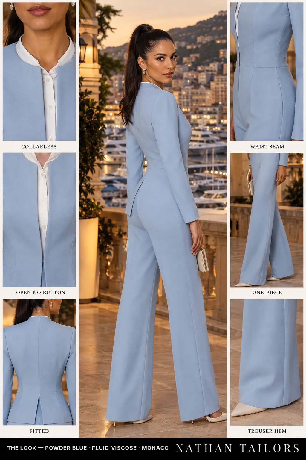 Women's suit in powder blue — custom tailored by Nathan Tailors, shipped worldwide