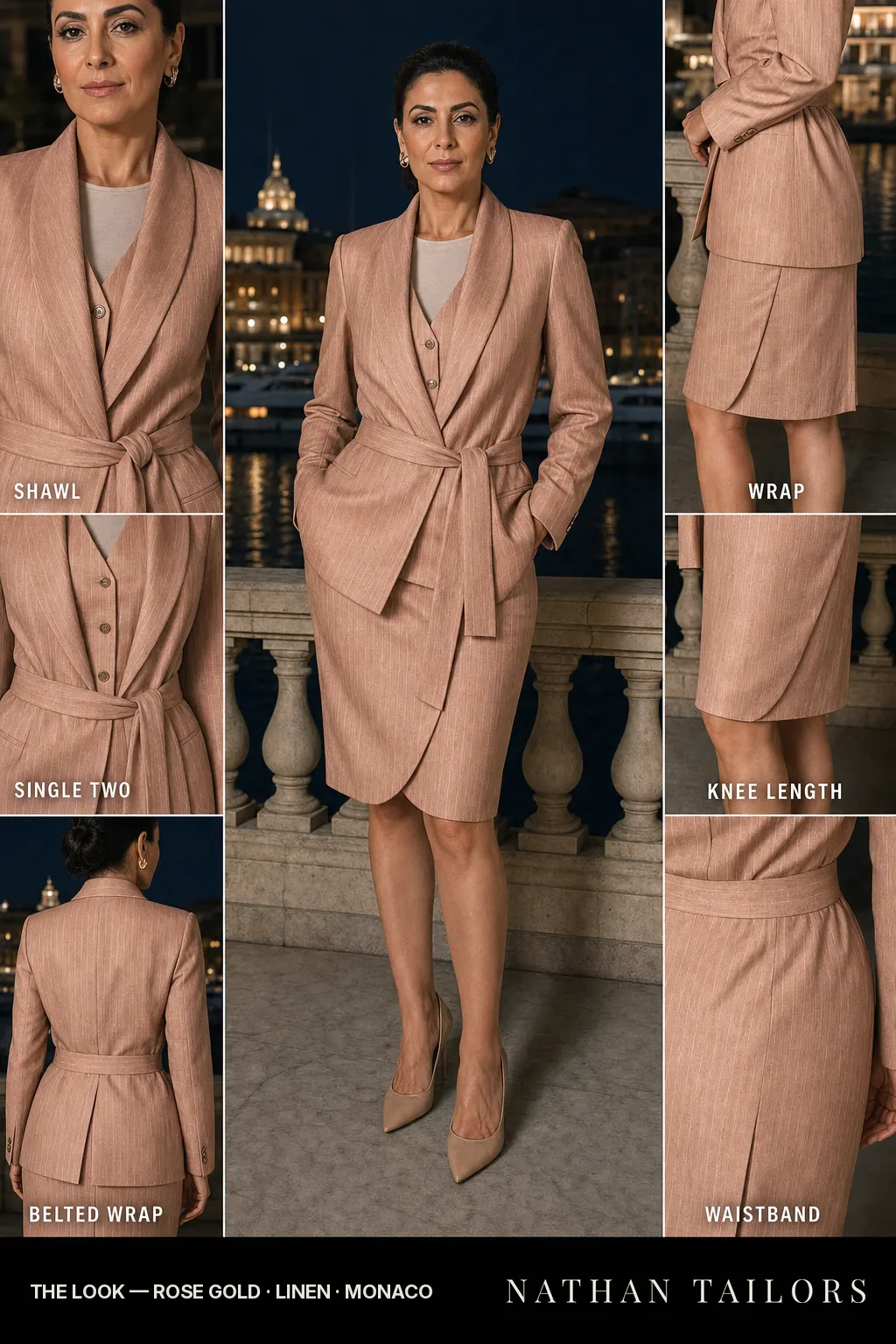 belted wrap pinstripe women's skirt suit in rose gold — AI-rendered by Nathan Tailors, made to measure for women and shipped worldwide.