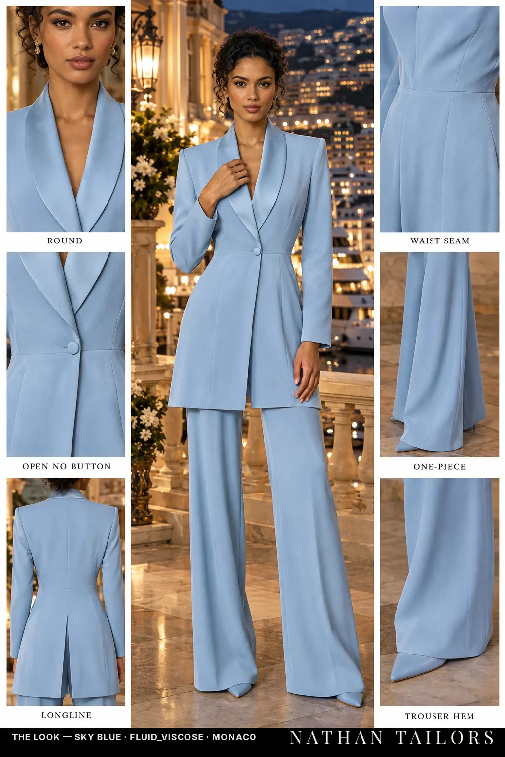 longline women's jumpsuit in sky blue — AI-rendered by Nathan Tailors, made to measure for women and shipped worldwide.