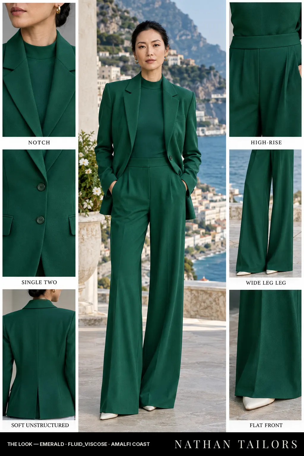 soft unstructured women's pant suit in emerald — AI-rendered by Nathan Tailors, made to measure for women and shipped worldwide.