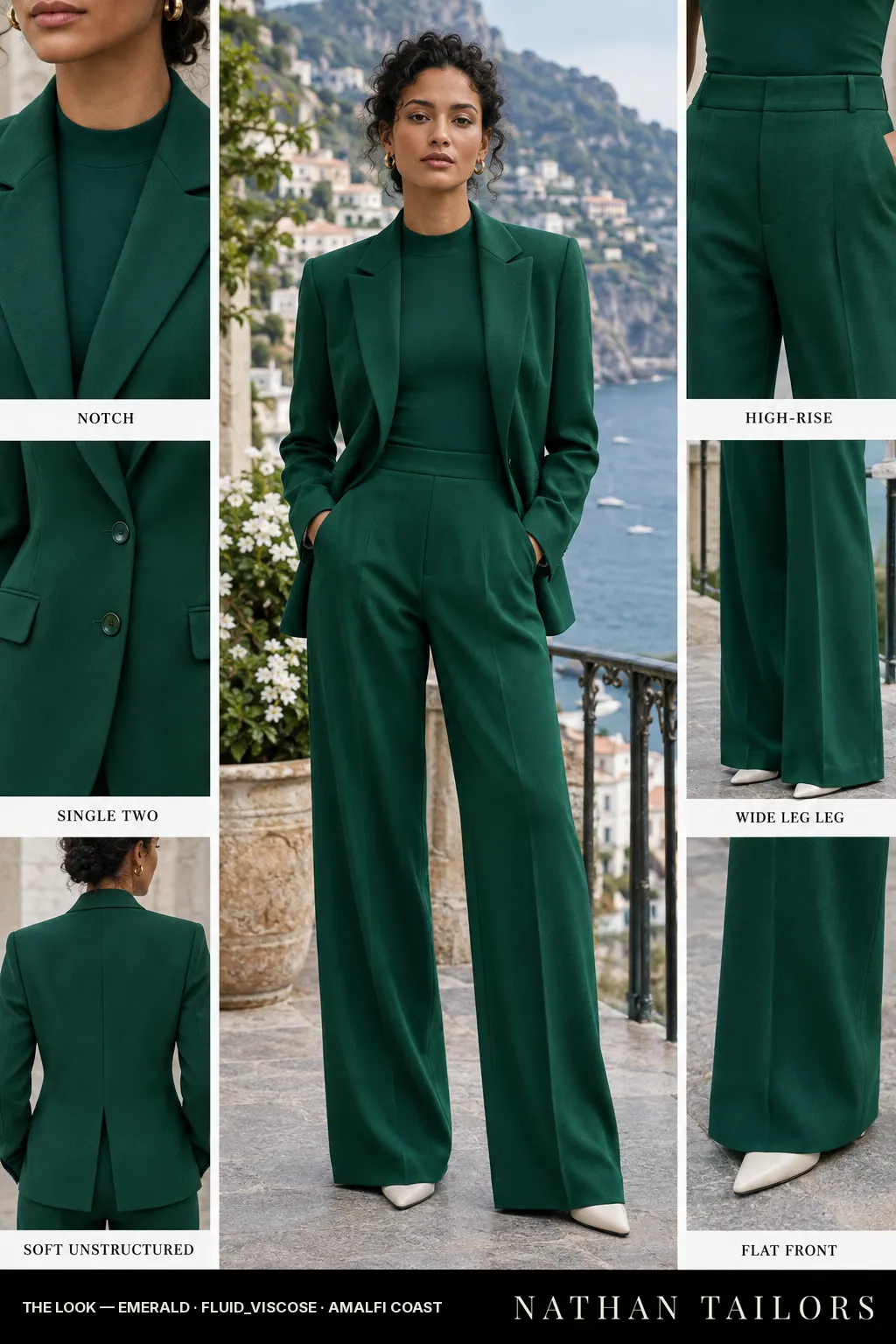 soft unstructured women's pant suit in emerald — AI-rendered by Nathan Tailors, made to measure for women and shipped worldwide.
