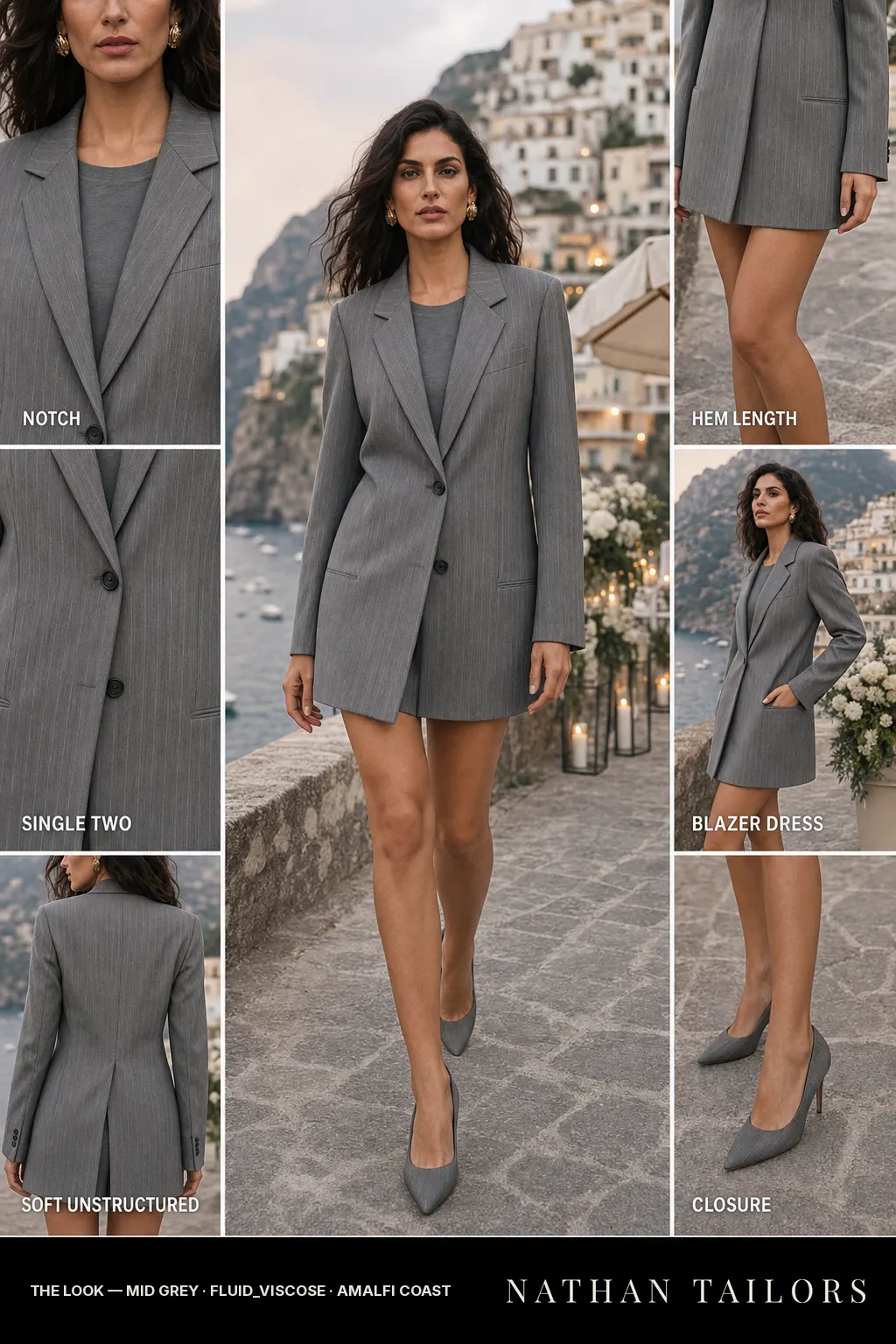 soft unstructured pinstripe women's blazer dress in mid grey — AI-rendered by Nathan Tailors, made to measure for women and shipped worldwide.