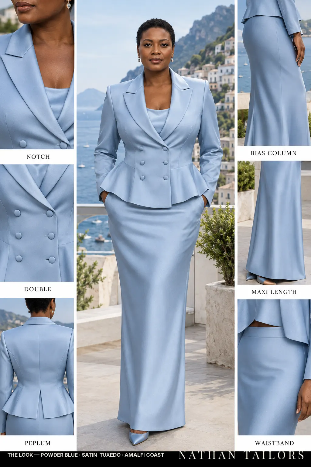 Women's suit in powder blue — custom tailored by Nathan Tailors, shipped worldwide