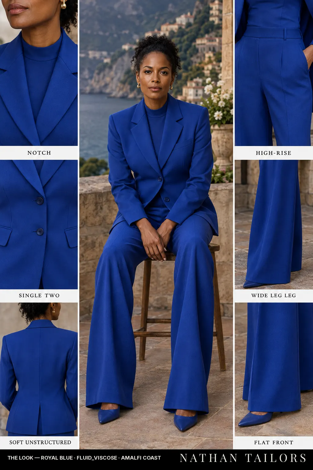 soft unstructured women's pant suit in royal blue — AI-rendered by Nathan Tailors, made to measure for women and shipped worldwide.
