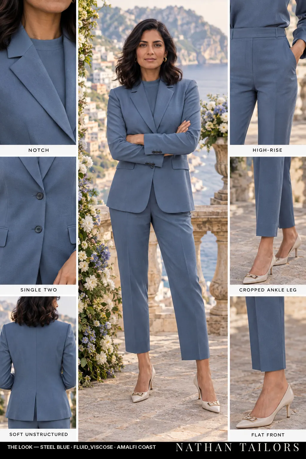 Women's suit in steel blue — custom tailored by Nathan Tailors, shipped worldwide