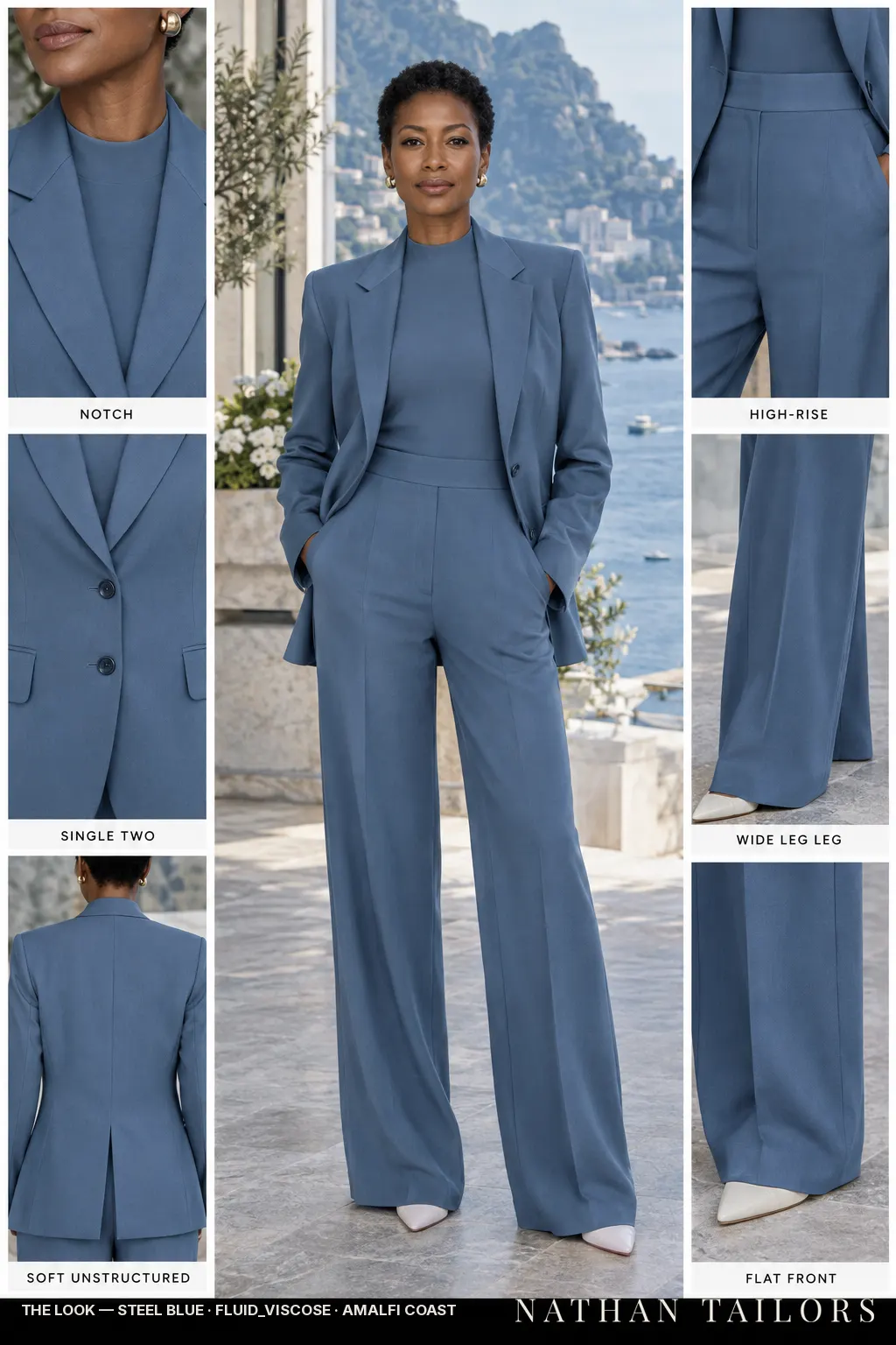 soft unstructured women's pant suit in steel blue — AI-rendered by Nathan Tailors, made to measure for women and shipped worldwide.