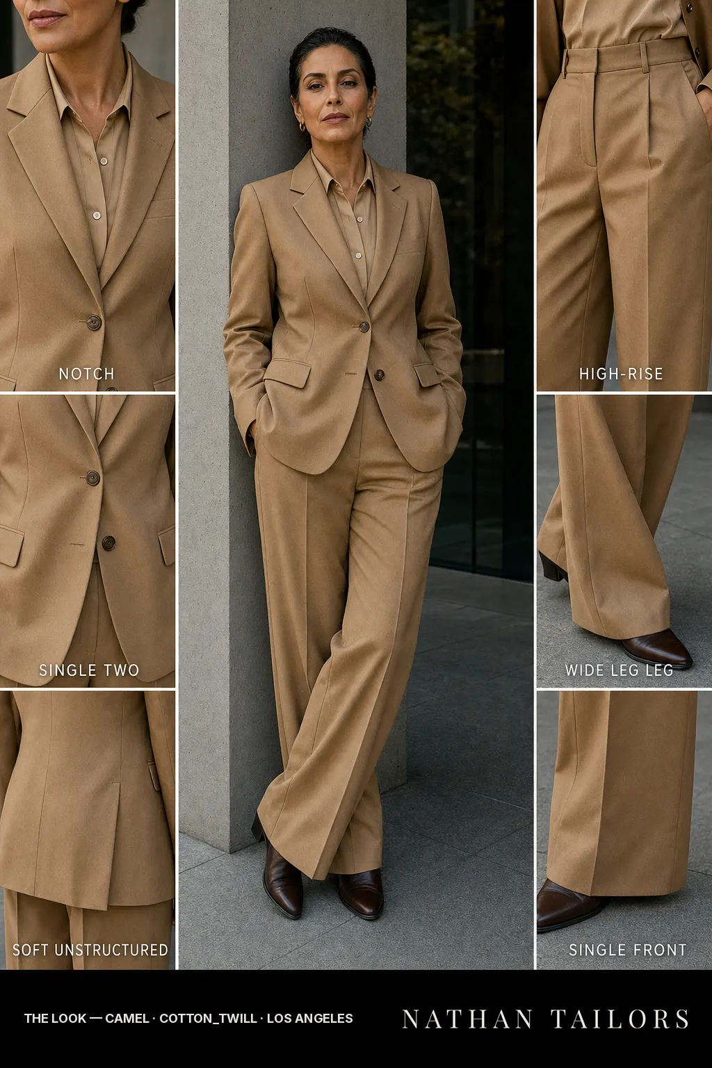 soft unstructured women's pant suit in camel — AI-rendered by Nathan Tailors, made to measure for women and shipped worldwide.