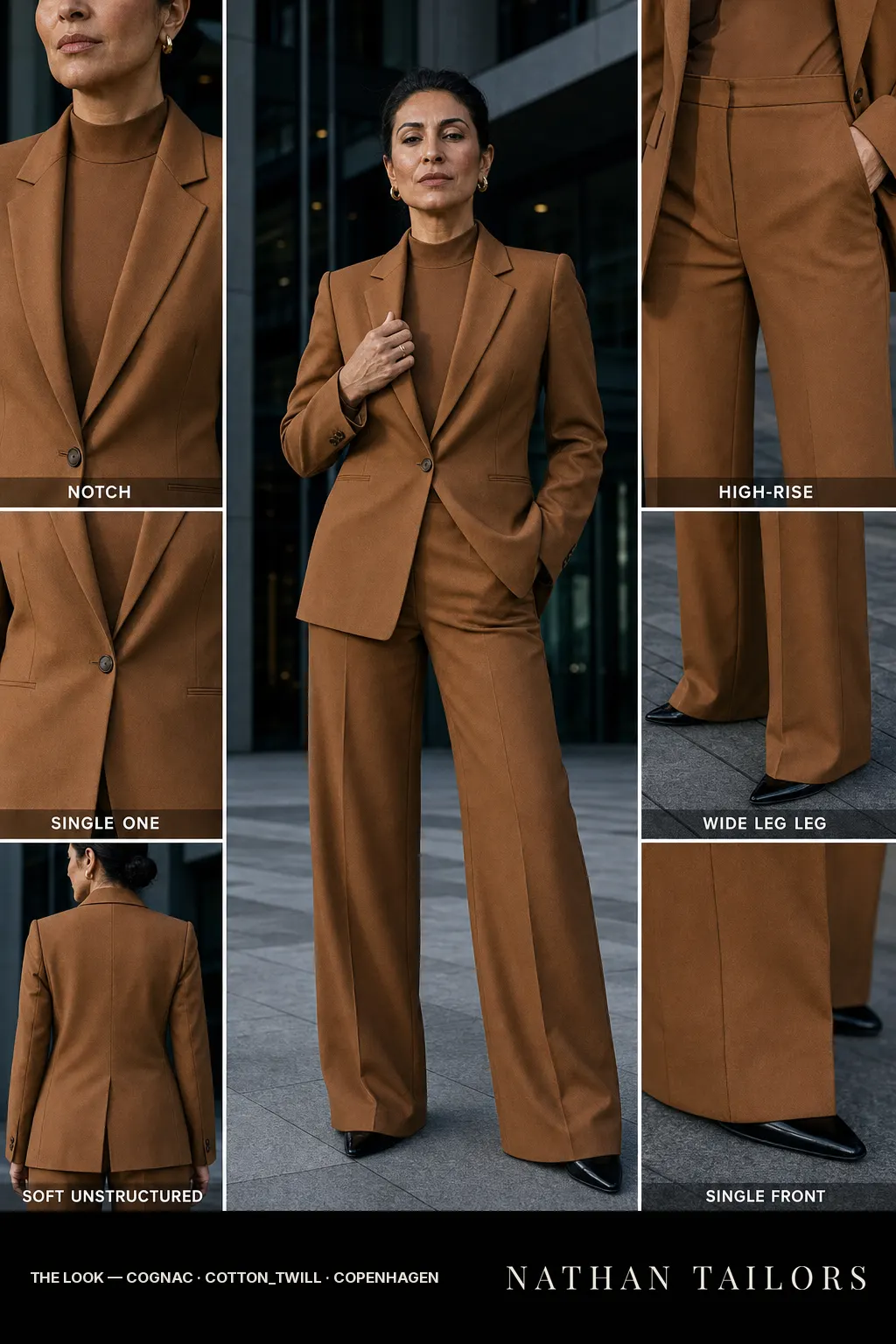 soft unstructured women's pant suit in cognac — AI-rendered by Nathan Tailors, made to measure for women and shipped worldwide.