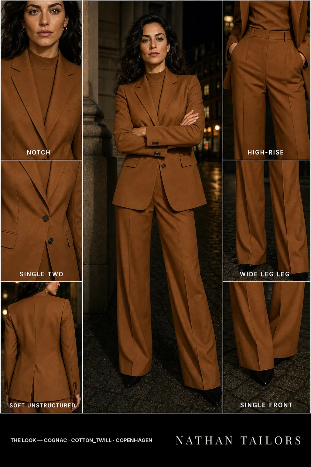 soft unstructured women's pant suit in cognac — AI-rendered by Nathan Tailors, made to measure for women and shipped worldwide.