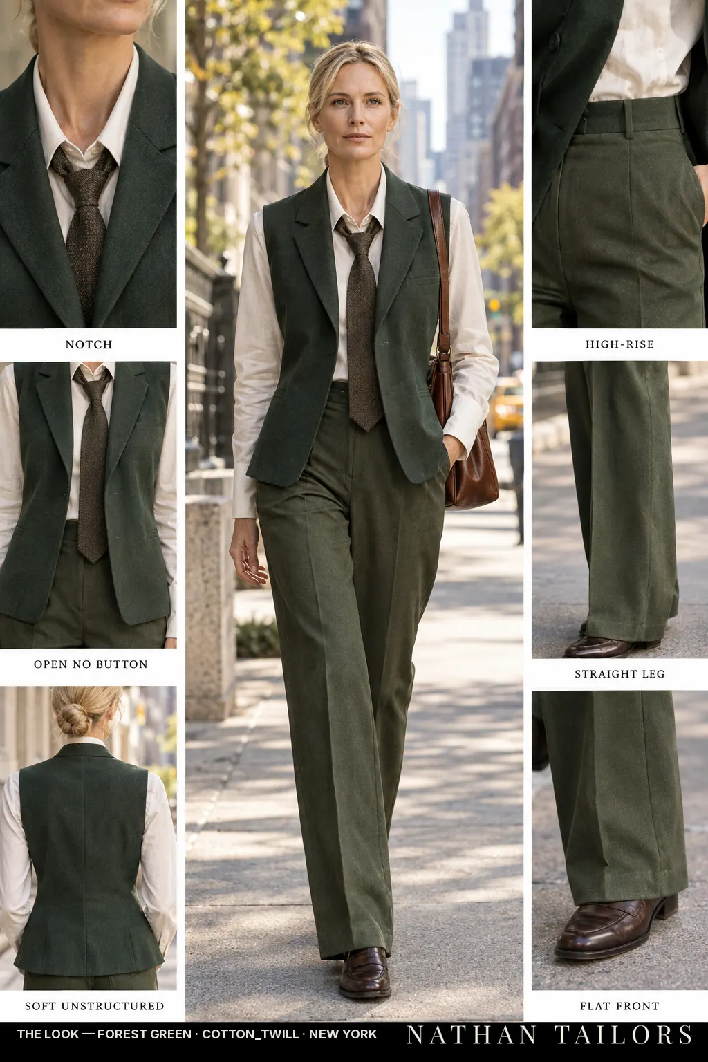 Women's suit in forest green — custom tailored by Nathan Tailors, shipped worldwide