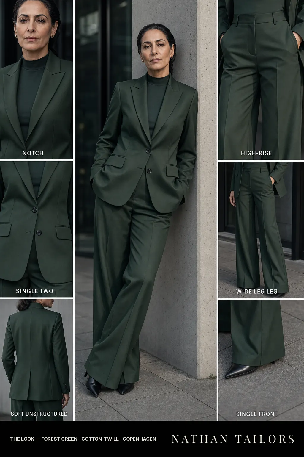 soft unstructured women's pant suit in forest green — AI-rendered by Nathan Tailors, made to measure for women and shipped worldwide.