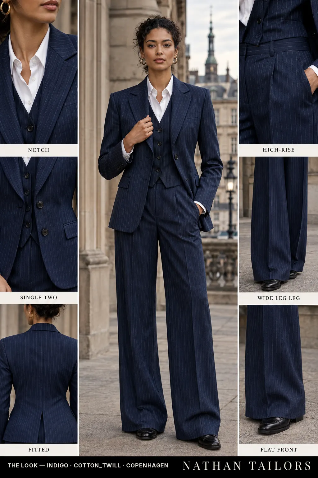 fitted pinstripe women's pant suit in indigo — AI-rendered by Nathan Tailors, made to measure for women and shipped worldwide.