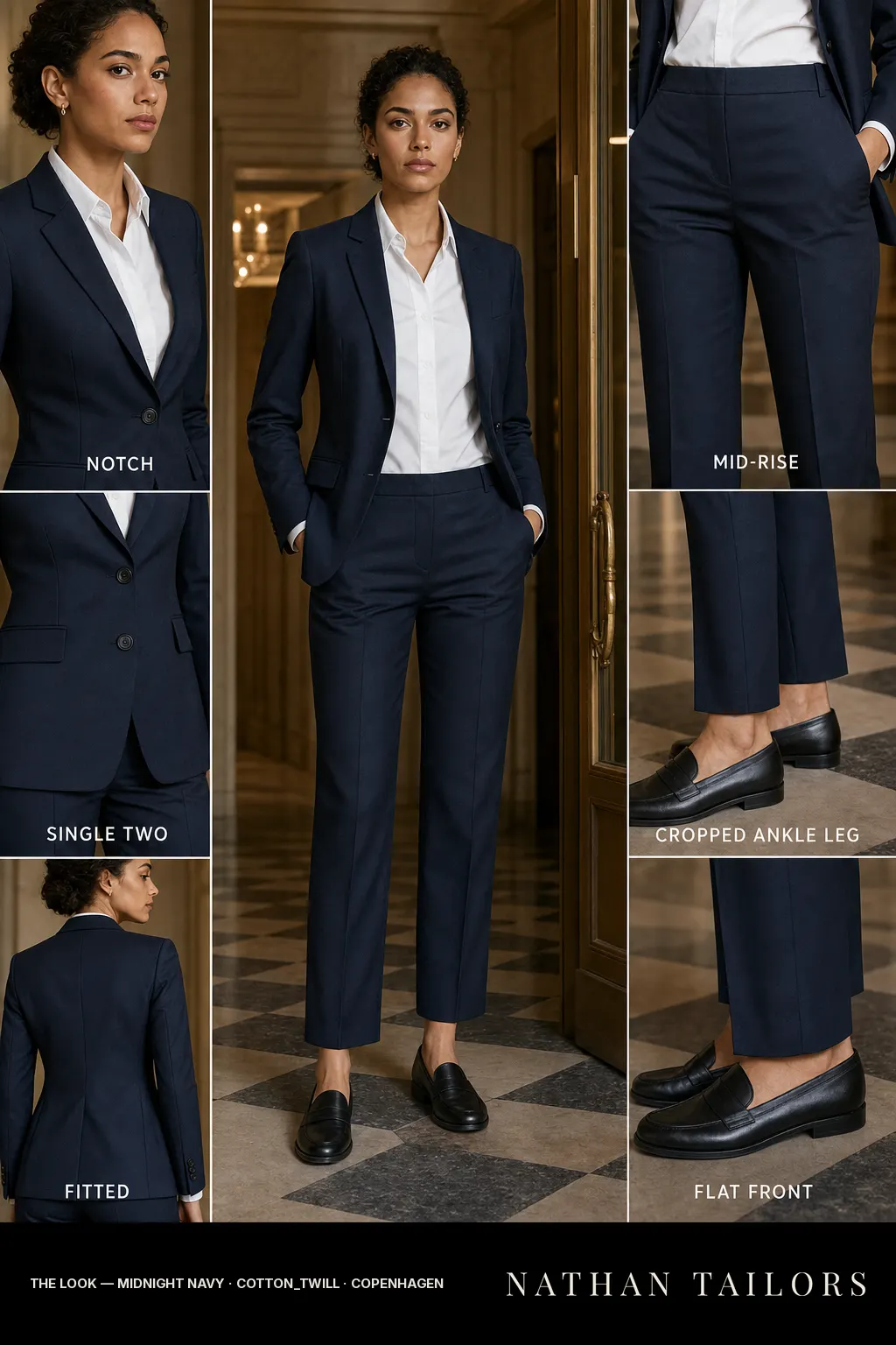 Women's suit in midnight navy — custom tailored by Nathan Tailors, shipped worldwide
