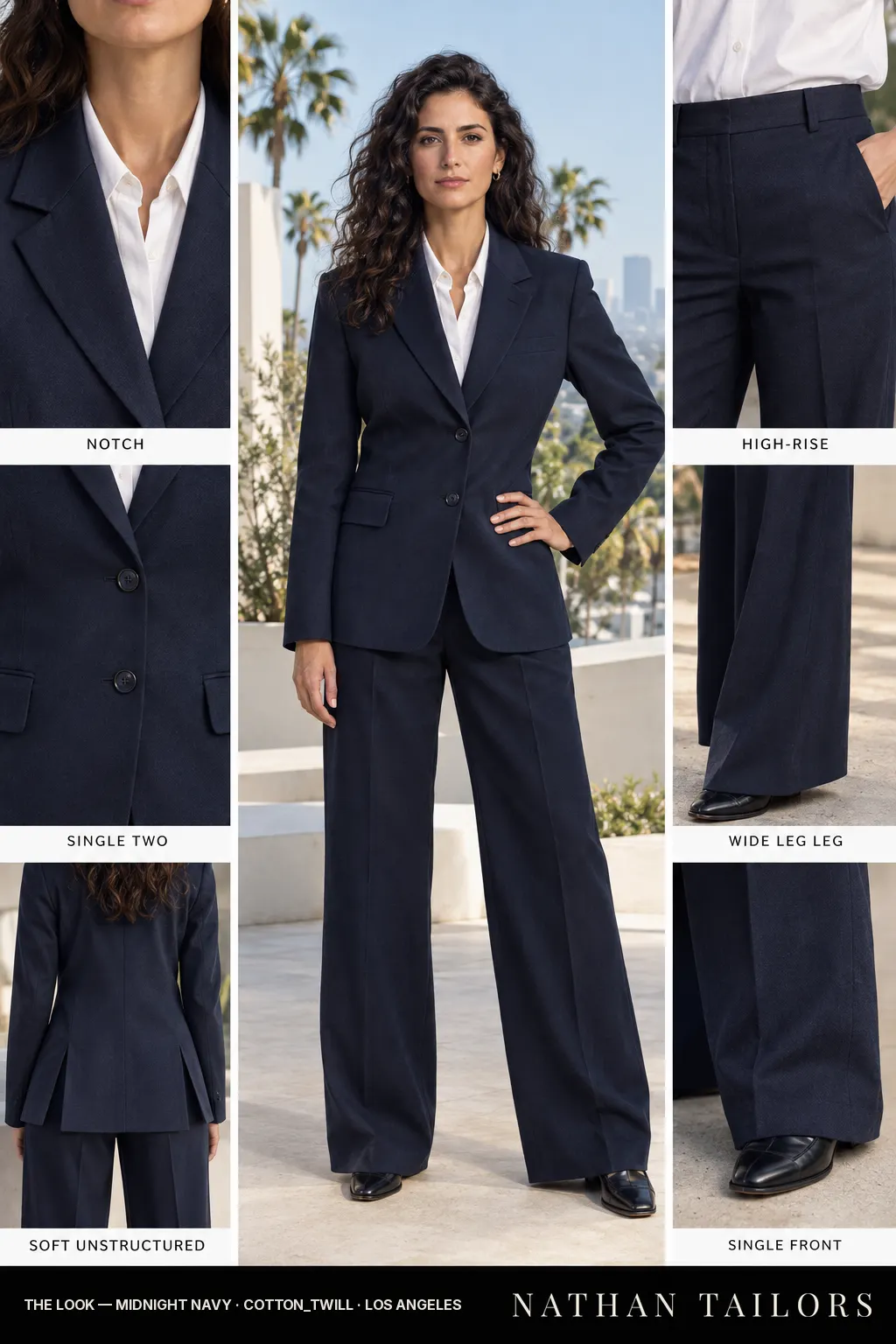 soft unstructured women's pant suit in midnight navy — AI-rendered by Nathan Tailors, made to measure for women and shipped worldwide.
