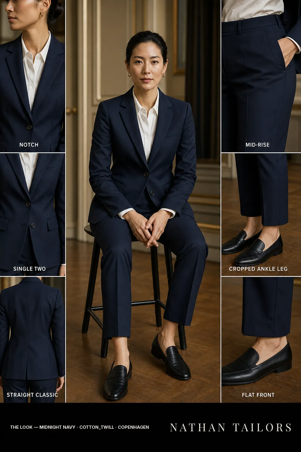 Women's suit in midnight navy — custom tailored by Nathan Tailors, shipped worldwide