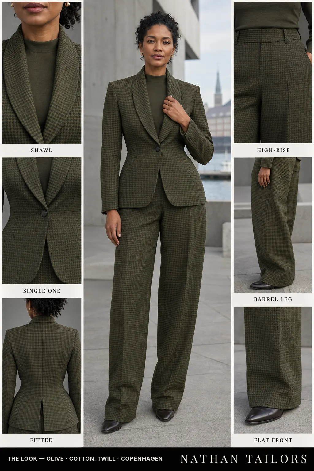 Women's suit in olive houndstooth — custom tailored by Nathan Tailors, shipped worldwide