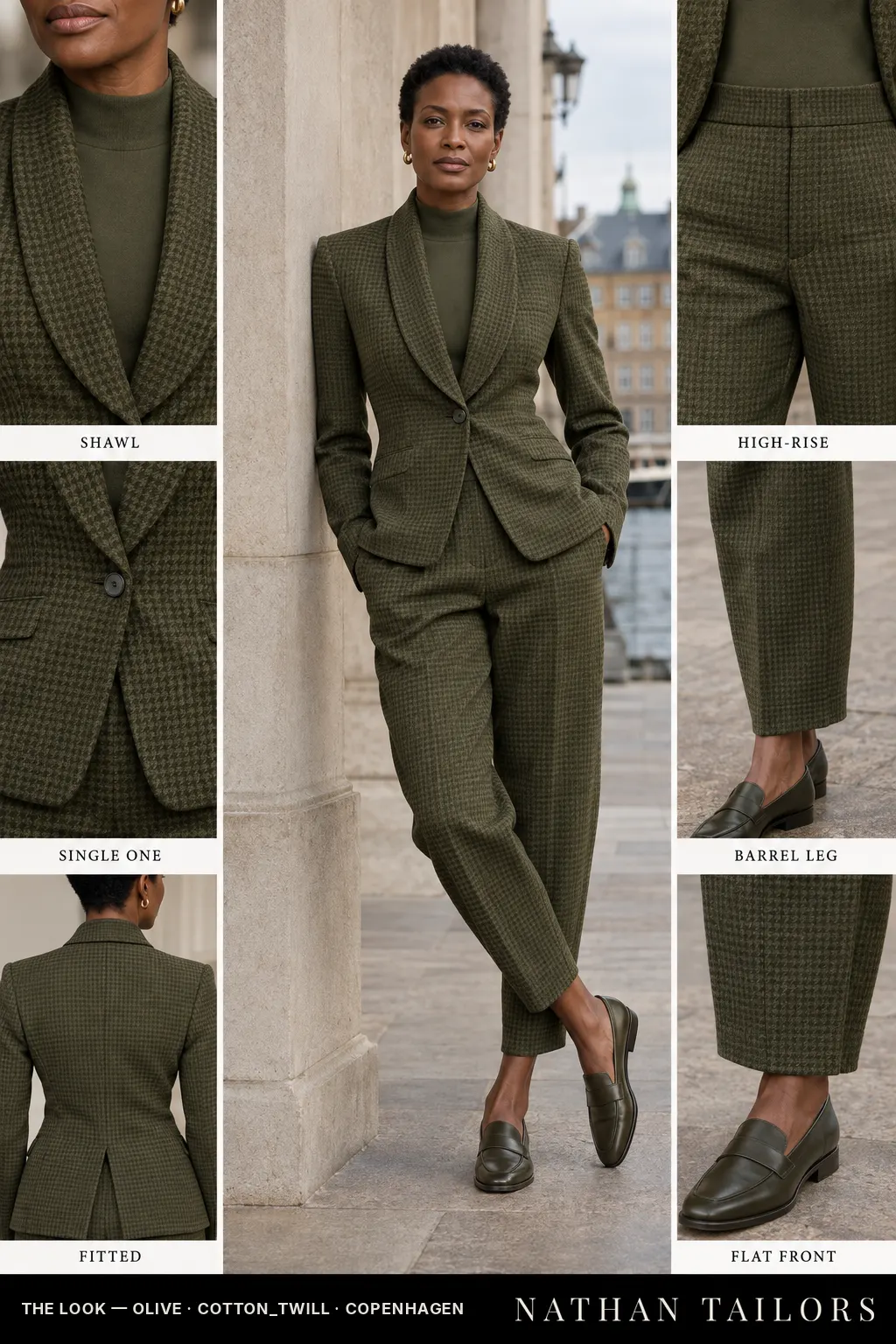 Women's suit in olive houndstooth — custom tailored by Nathan Tailors, shipped worldwide
